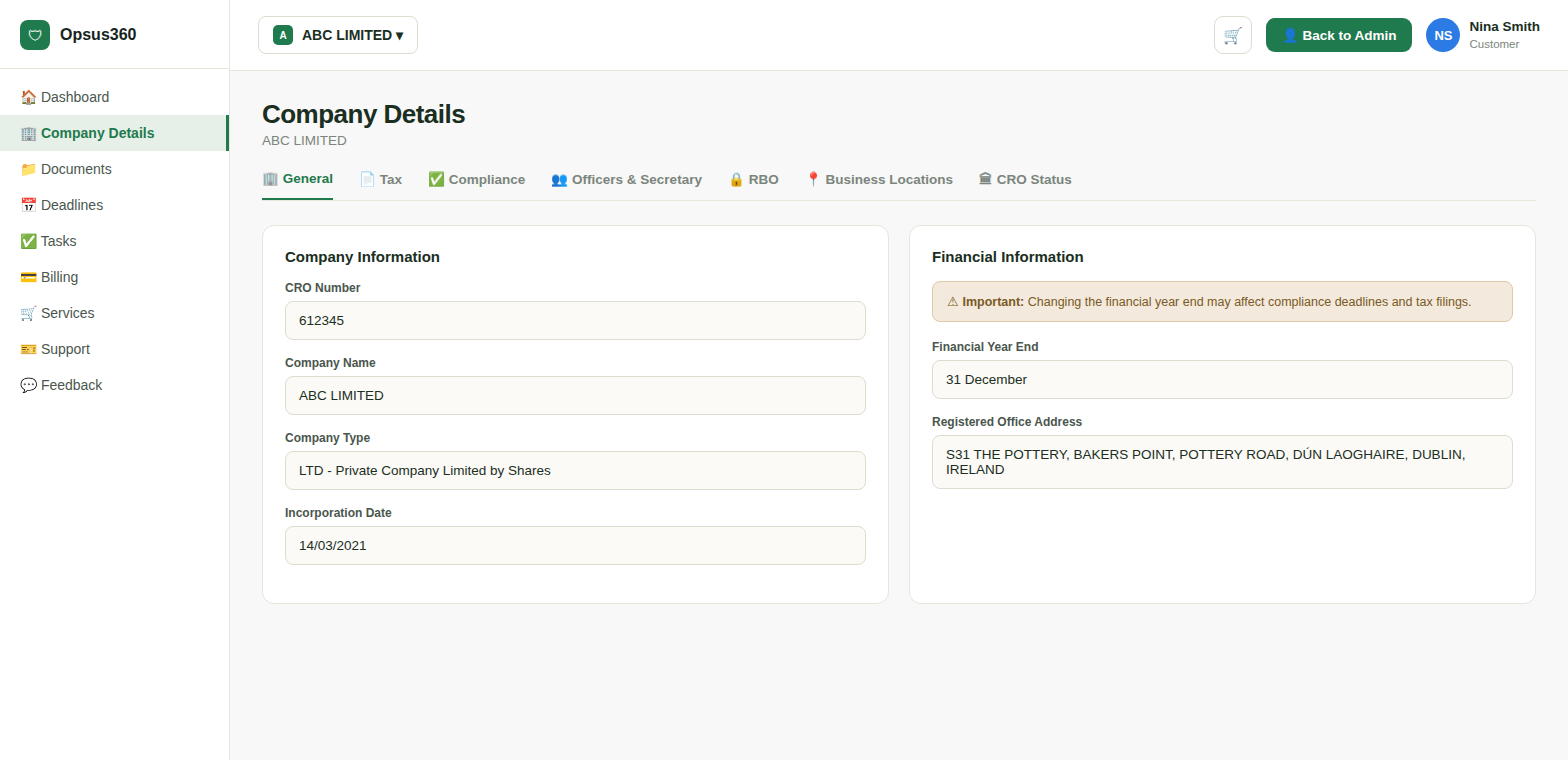 Opsus360 client portal company details page with CRO information