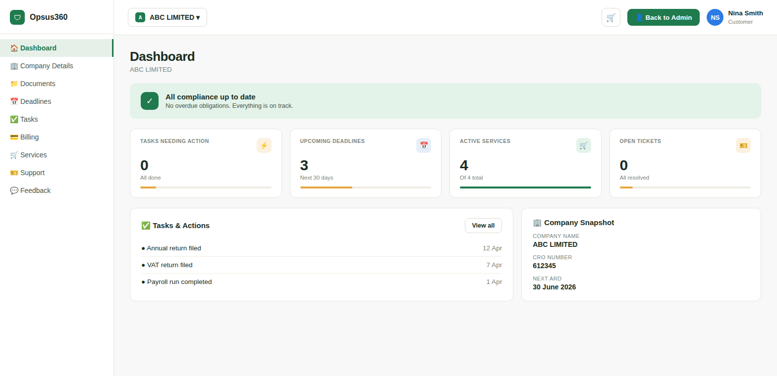 Opsus360 client portal dashboard showing compliance status and upcoming deadlines