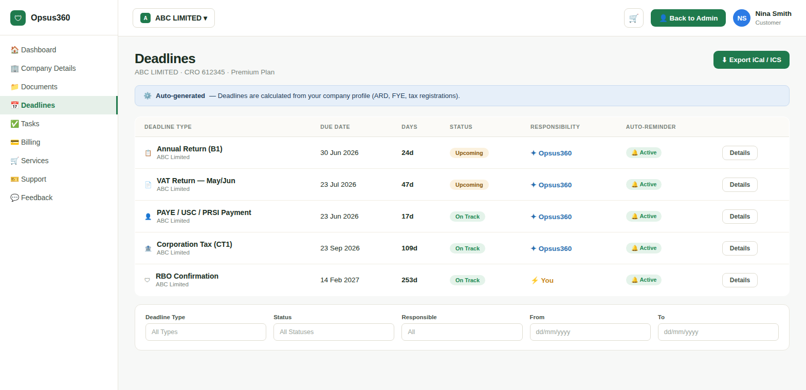 Opsus360 client portal deadlines page showing auto-generated compliance dates